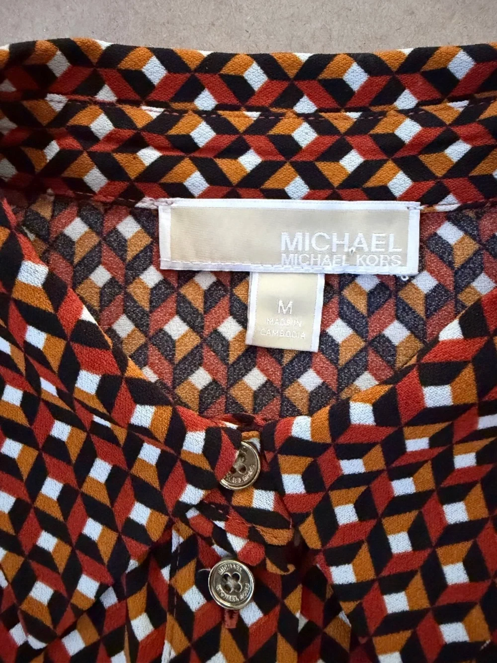 Michael Kors Geometric Print Shirt Dress Tie Waist Long Sleeve Brown